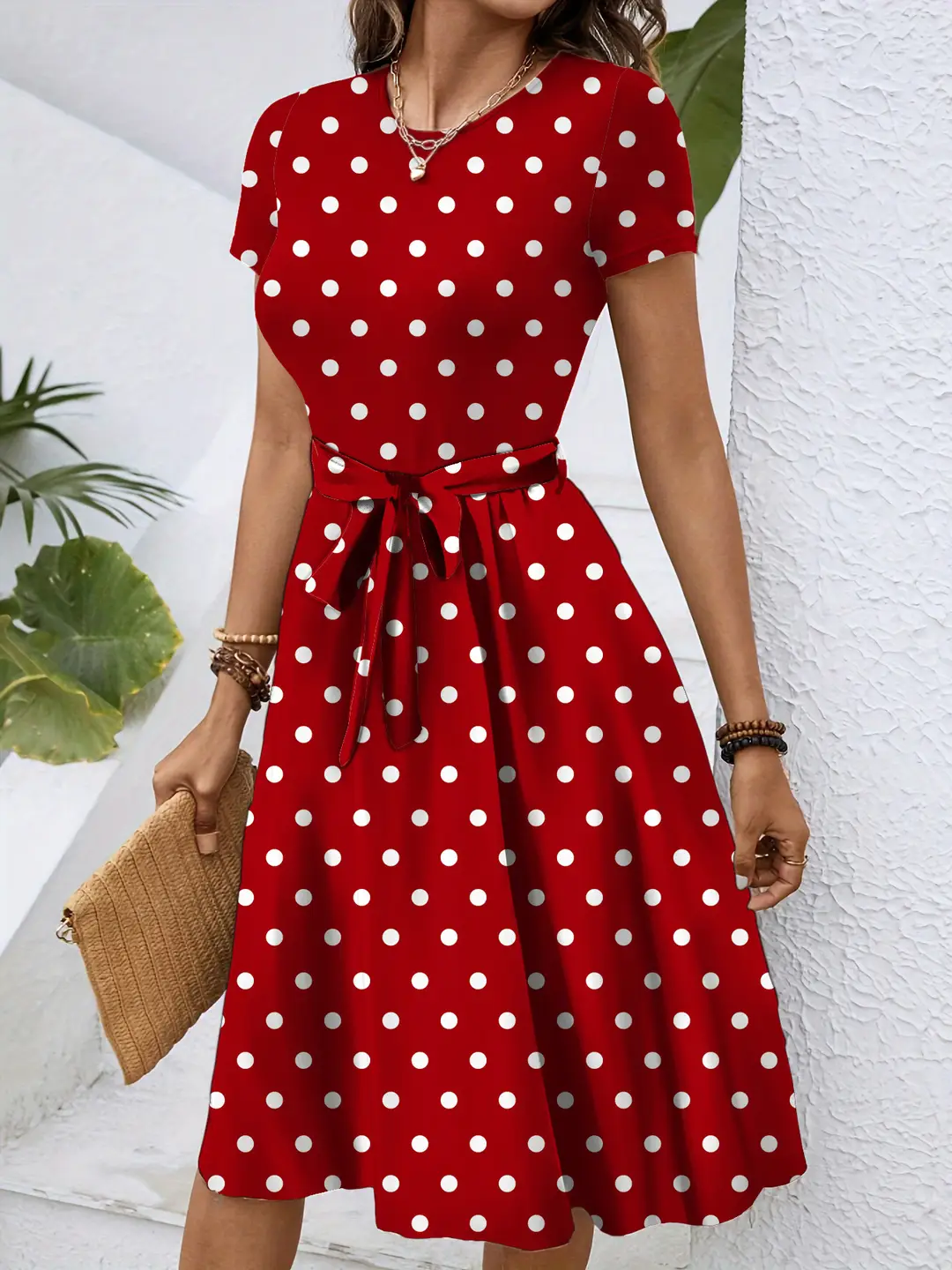 Red Polka Dot Waist Tie Dress for Women