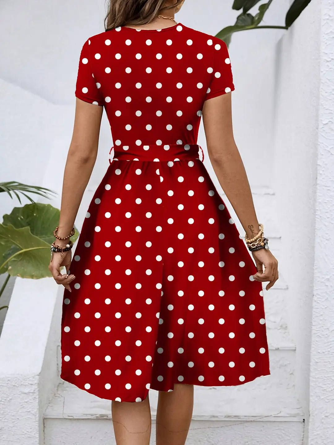 Red Polka Dot Waist Tie Dress for Women