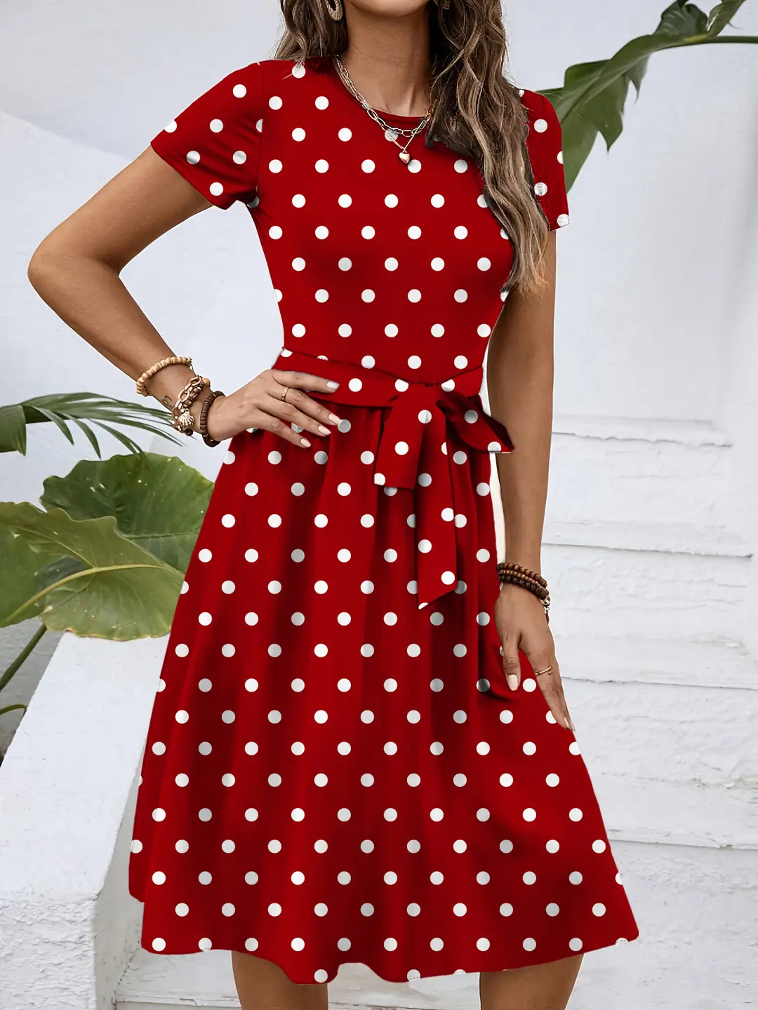 Red Polka Dot Waist Tie Dress for Women