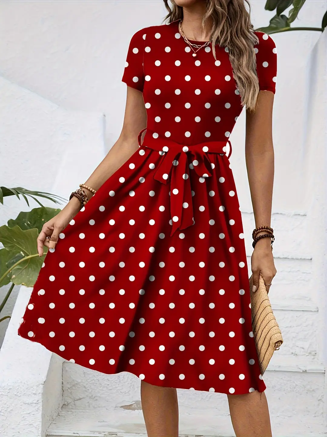 Red Polka Dot Waist Tie Dress for Women