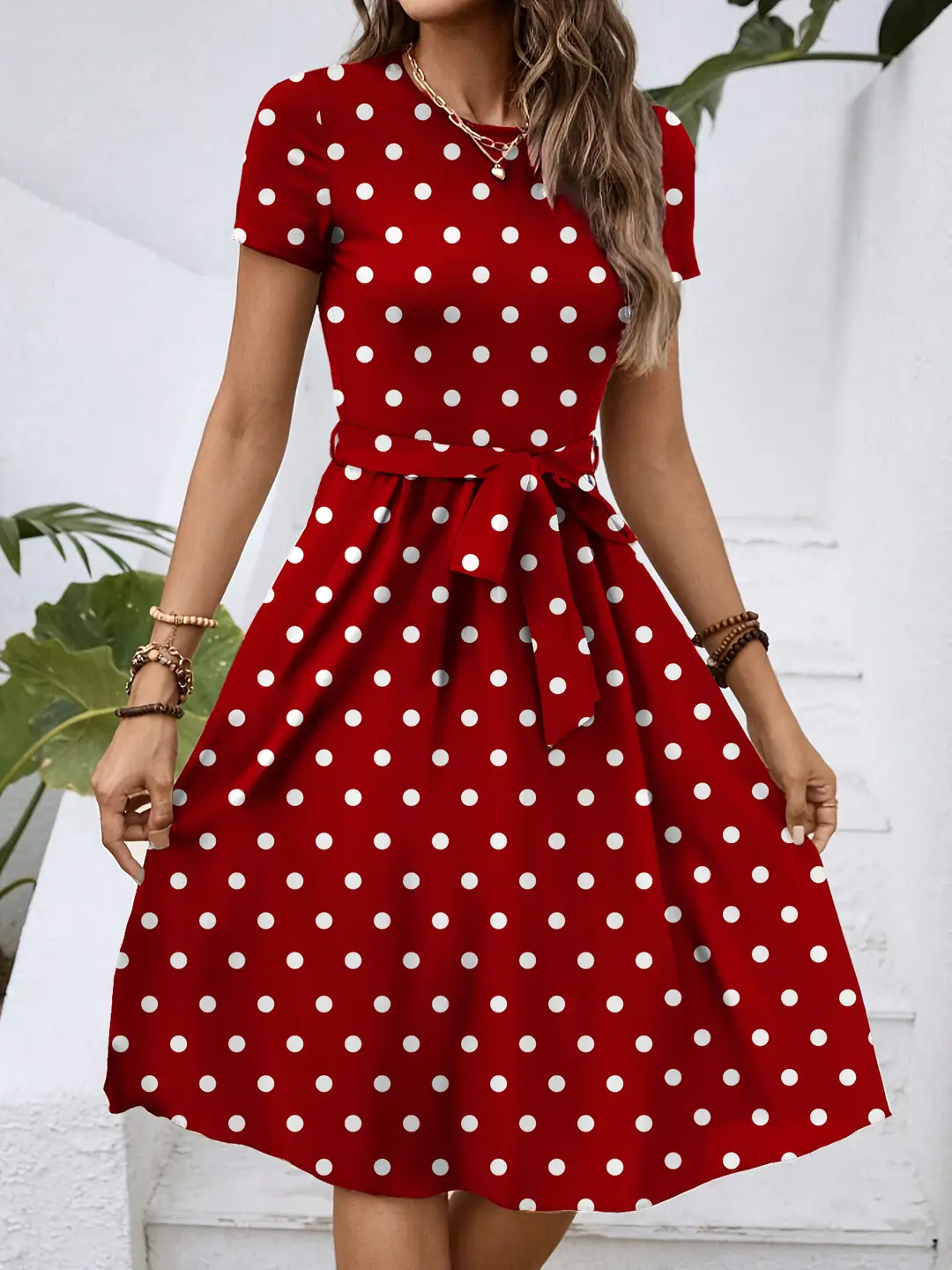 Red Polka Dot Waist Tie Dress for Women