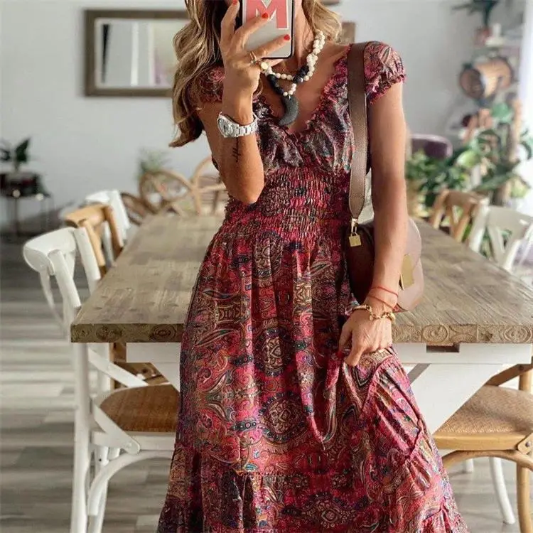 Bohemian Floral Dress Lightweight V-Neck Tiered Skirt
