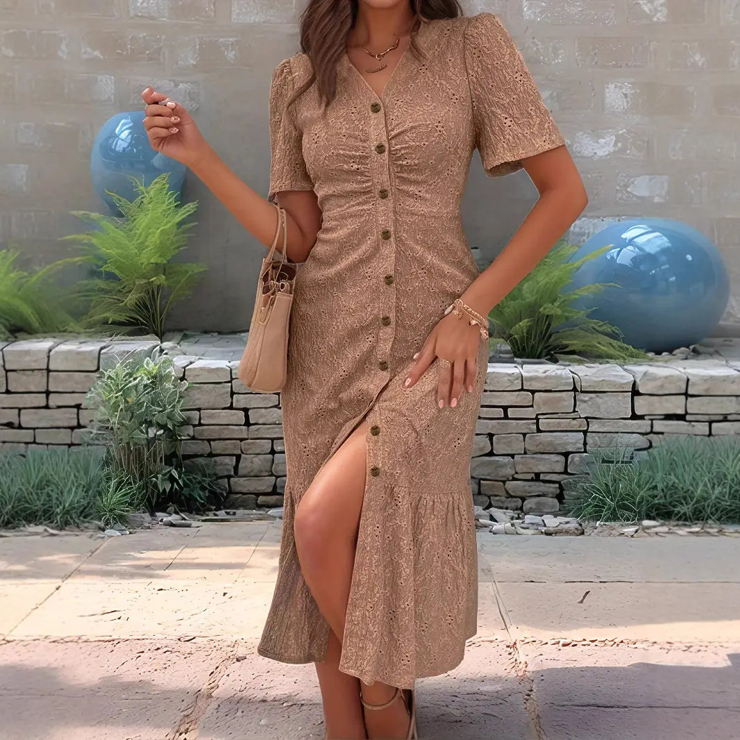 Women V-Neck Button Dress Light Green Side Slit