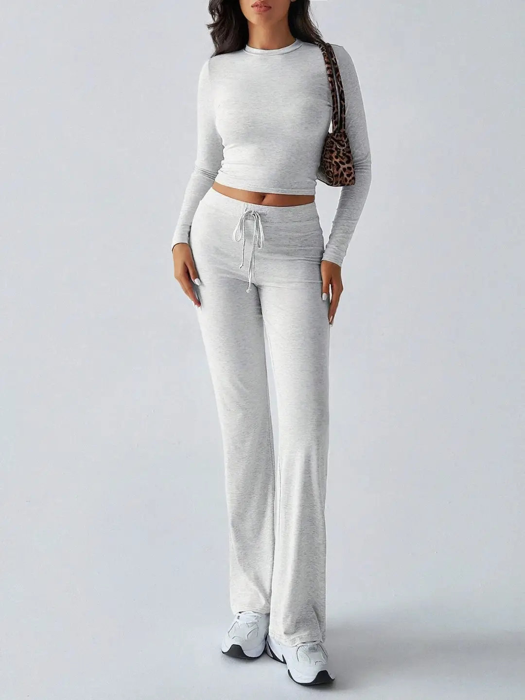 Ivory White Long Sleeve Crop Top & Wide Leg Pants Set