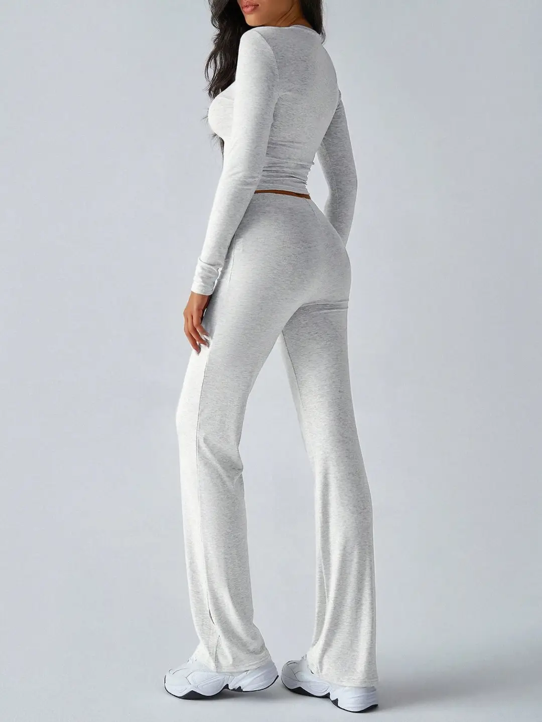 Ivory White Long Sleeve Crop Top & Wide Leg Pants Set