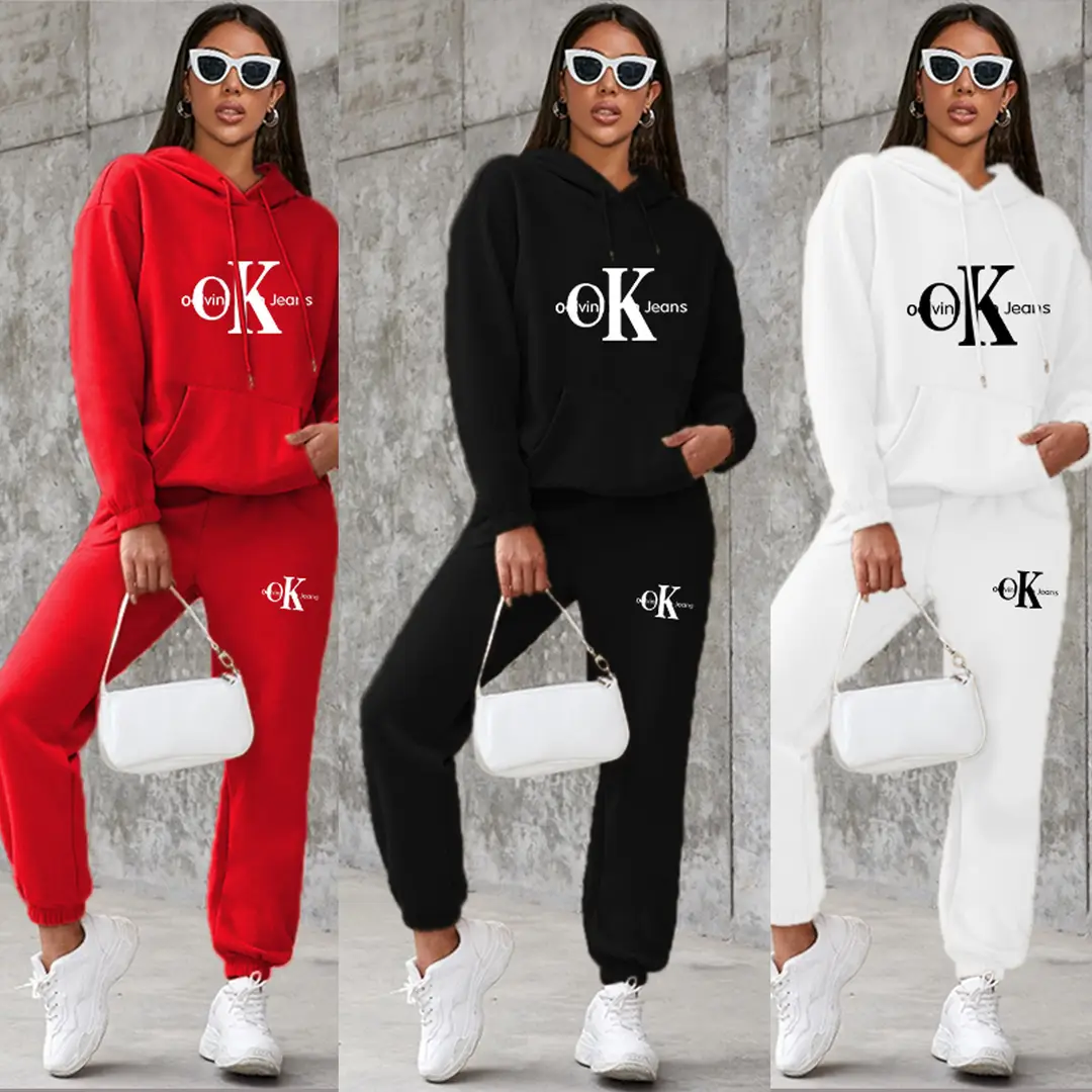 Women Fleece Hooded Sweatshirt Set OK Jeans Red Black White