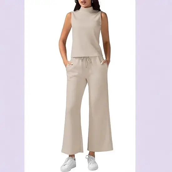 Sleeveless Pink High Neck Wide Leg Pants Set