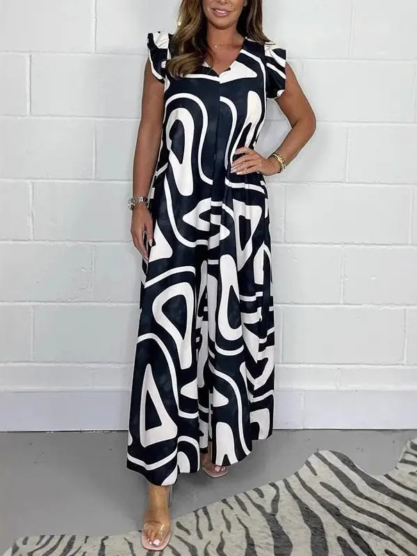 Black White Abstract Print Wide Leg Trousers for Women