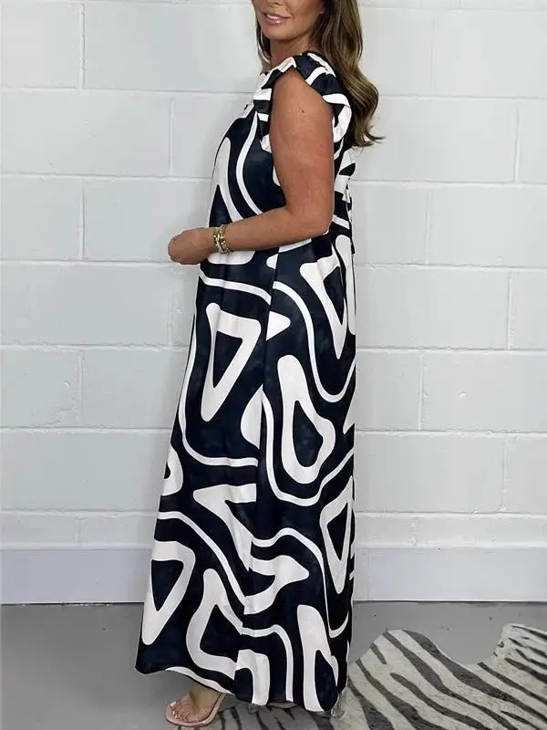 Black White Abstract Print Wide Leg Trousers for Women