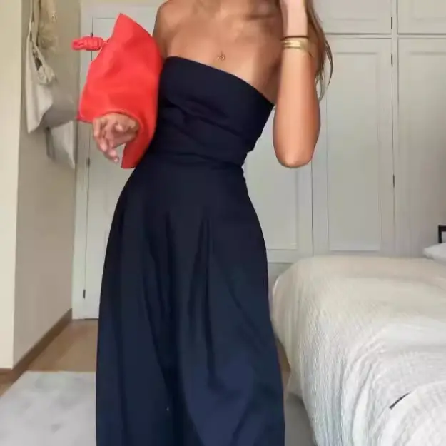 Black Strapless Slim Fit Pajama Set for Women