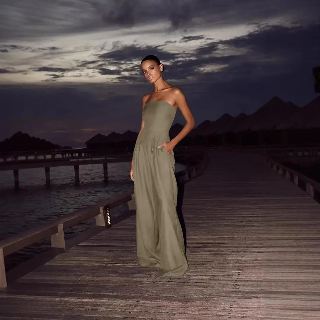 Black Wrap Style Wide Leg Pants Set for Women