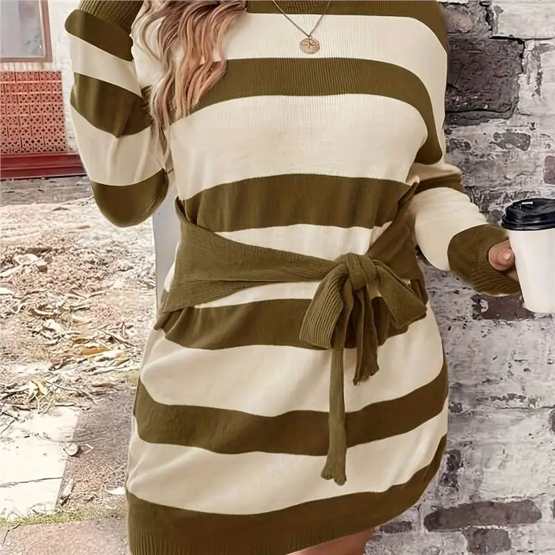 Olive Cream Striped Knitted Dress with Tie Belt Plus Size