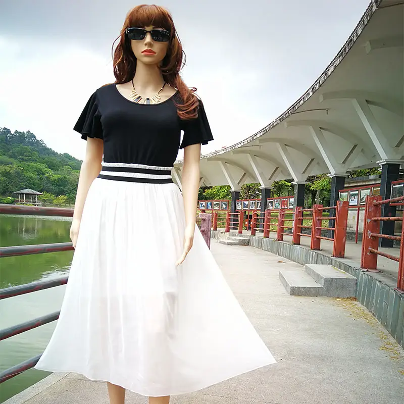Plus Size Chiffon Dress Black Beige Slim Waist Pleated Skirt