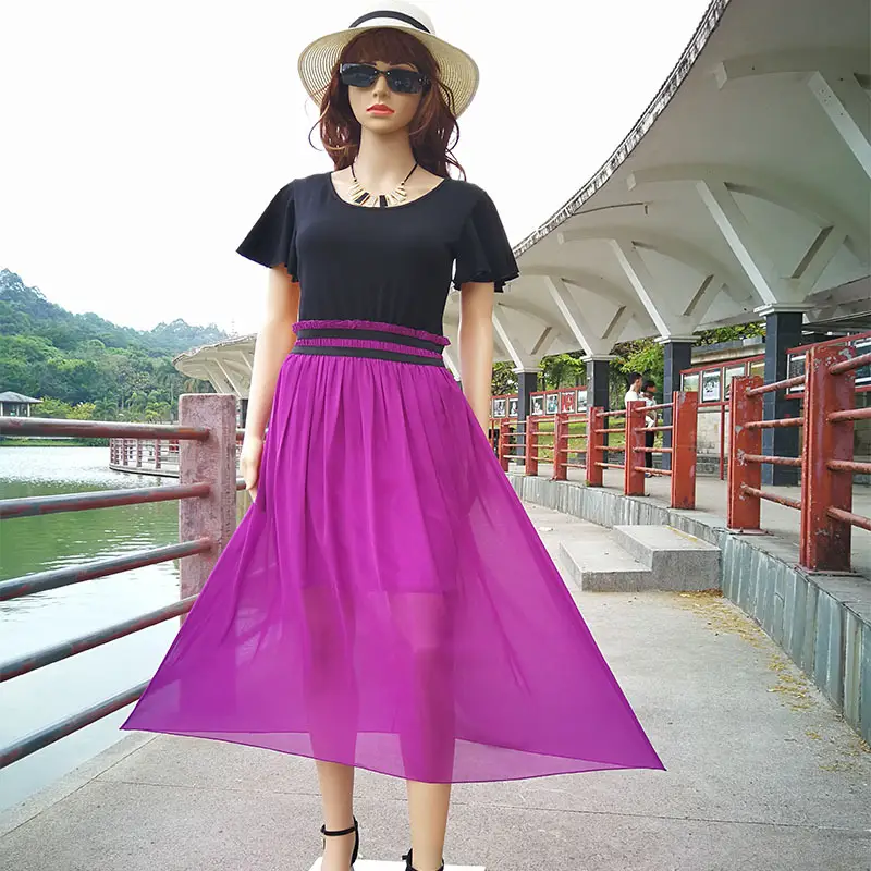 Plus Size Chiffon Dress Black Beige Slim Waist Pleated Skirt