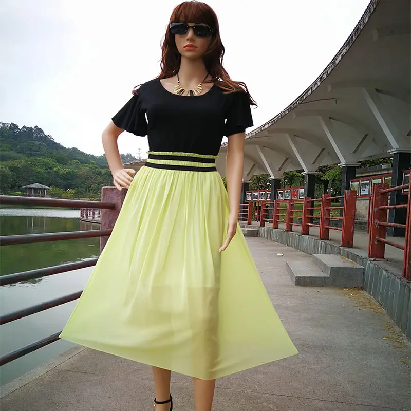 Plus Size Chiffon Dress Black Beige Slim Waist Pleated Skirt