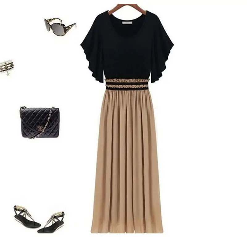 Plus Size Chiffon Dress Black Beige Slim Waist Pleated Skirt