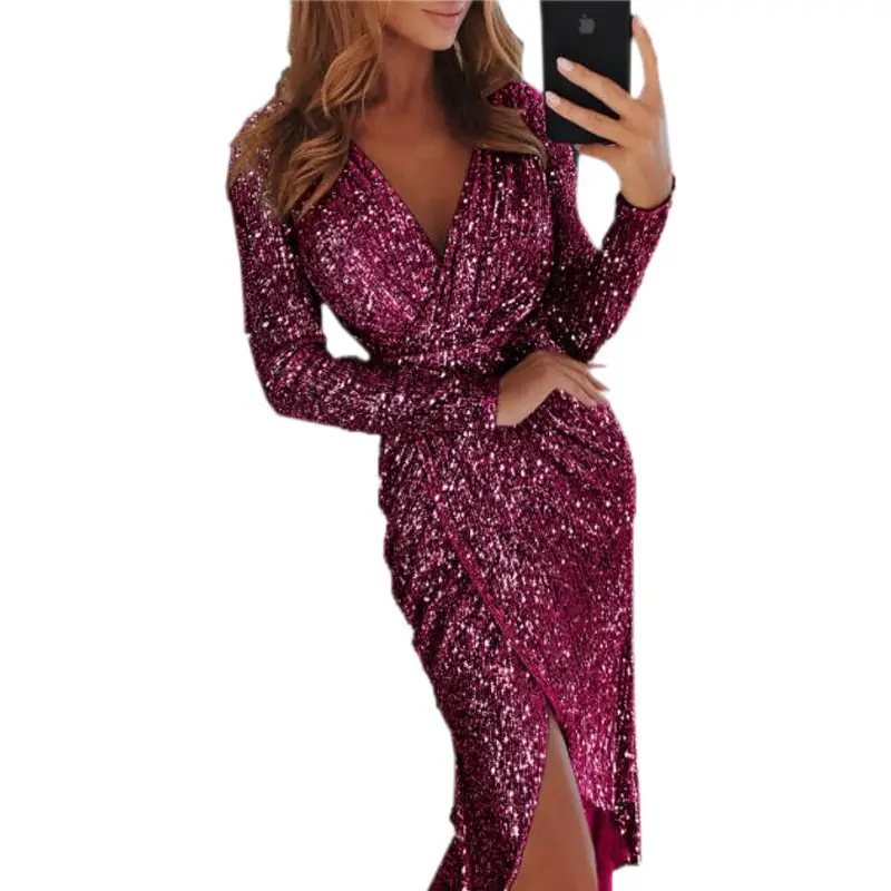 Sparkling Sequin Dress for Women V-Neck Side Slit