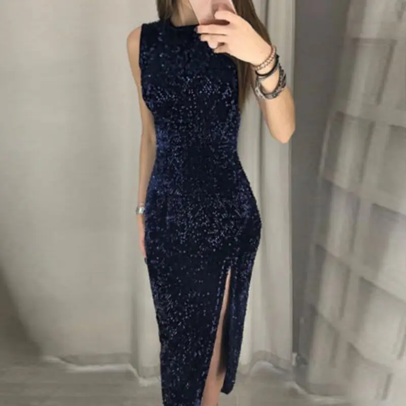 Navy Blue Sequin Sleeveless Dress for Women