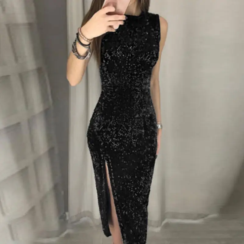 Navy Blue Sequin Sleeveless Dress for Women