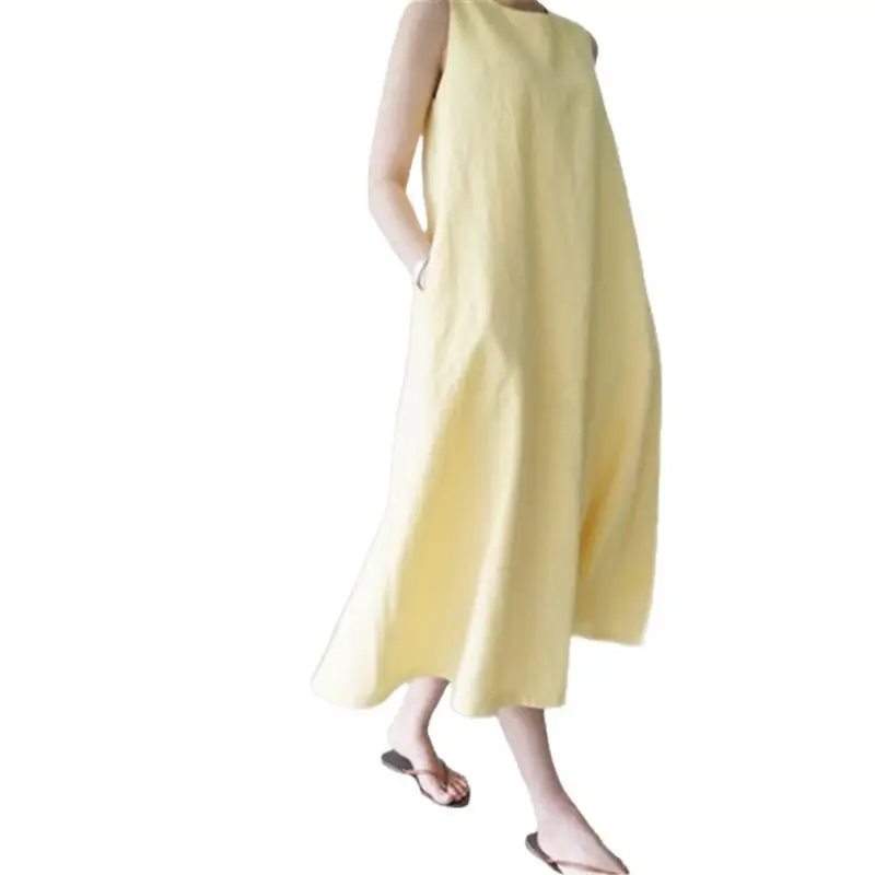 Sleeveless Linen Dress Yellow Summer Wear