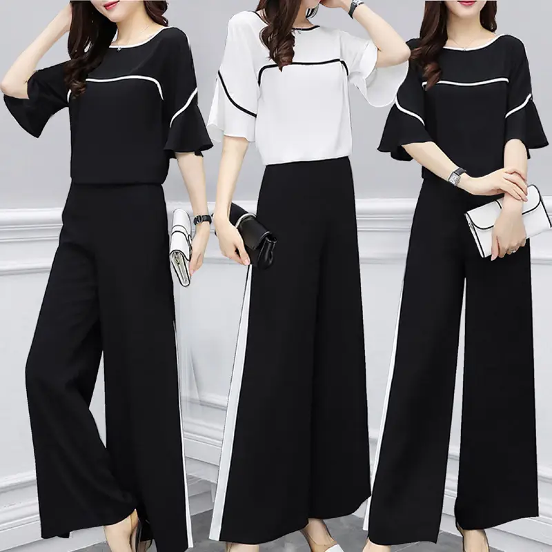 Women Black White Wide Leg Pants Summer Set