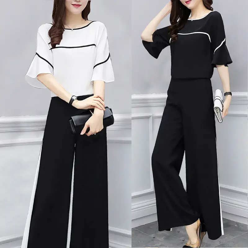 Women Black White Wide Leg Pants Summer Set