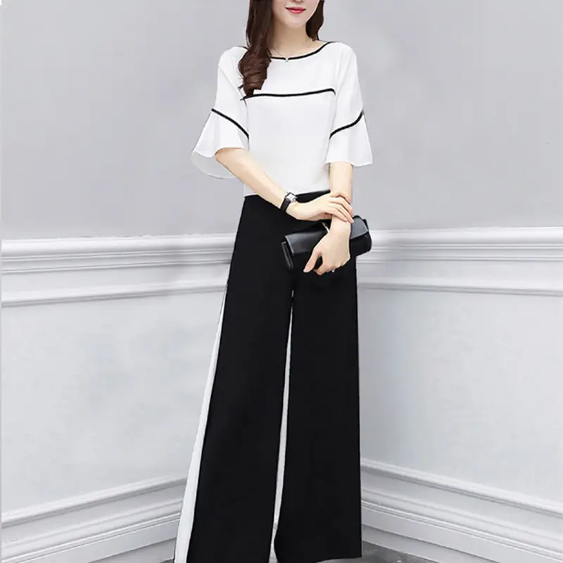 Women Black White Wide Leg Pants Summer Set