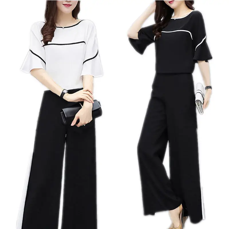 Women Black White Wide Leg Pants Summer Set
