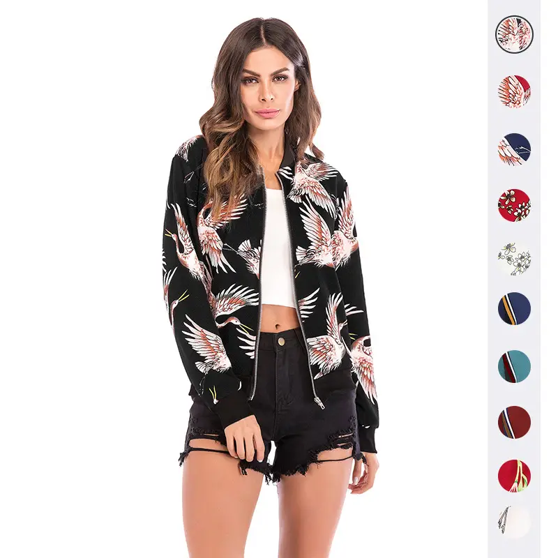 Women's Bird Print Zipper Jacket Black Lightweight Casual Wear