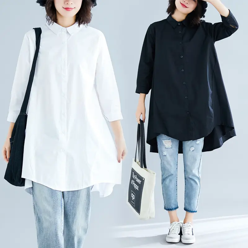 Long Sleeve Shirt Dress White Black Loose Fit Casual Wear