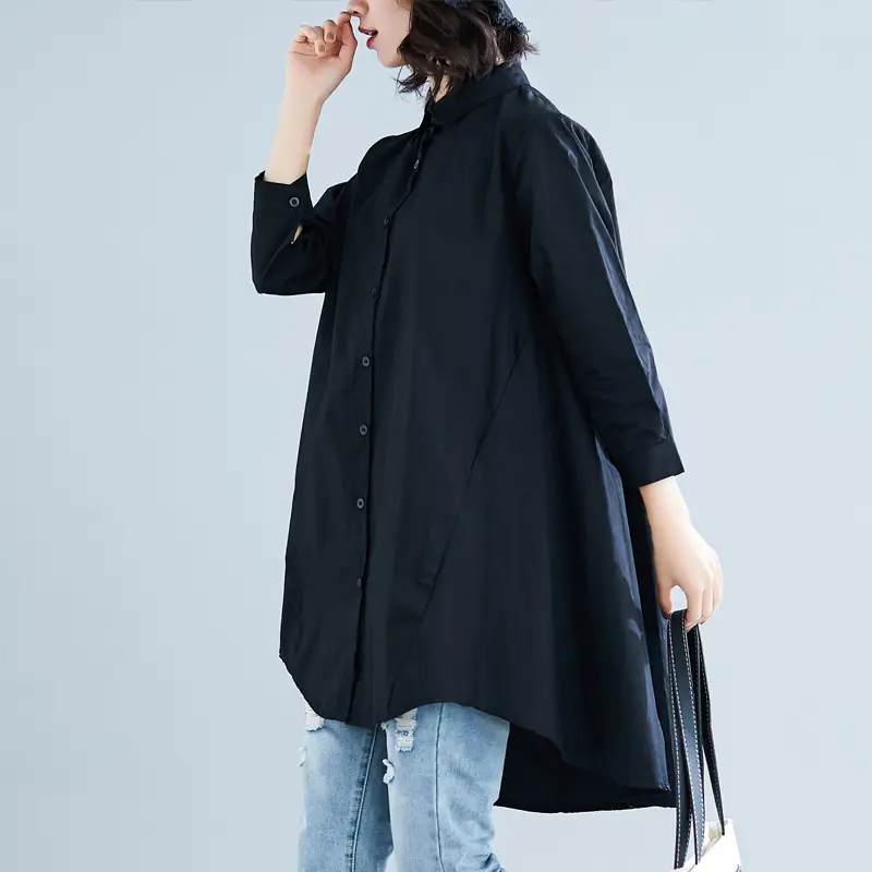 Long Sleeve Shirt Dress White Black Loose Fit Casual Wear