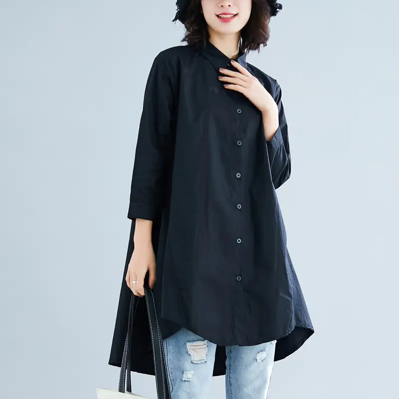 Long Sleeve Shirt Dress White Black Loose Fit Casual Wear