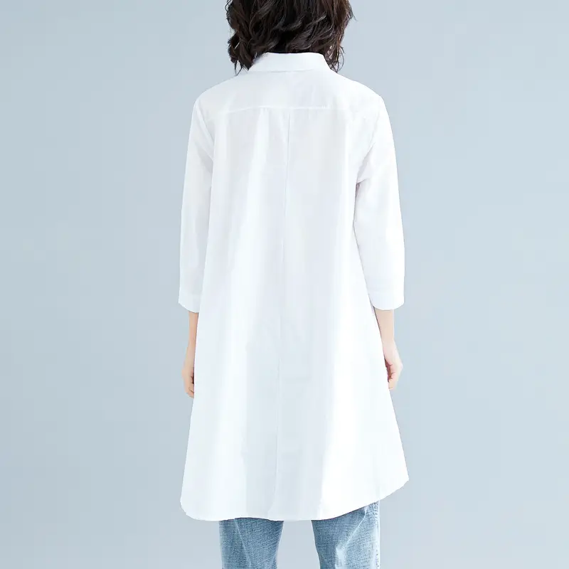 Long Sleeve Shirt Dress White Black Loose Fit Casual Wear