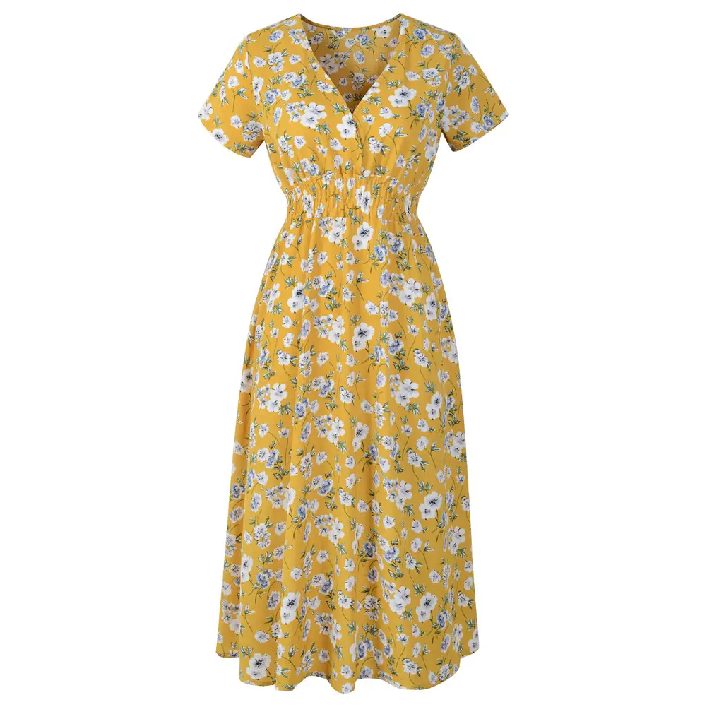 V-Neck Printed Chiffon Dress for Women