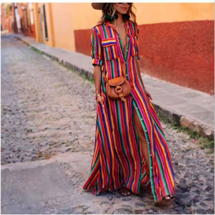 Vibrant Striped Flowing Dress for Women Summer Wear