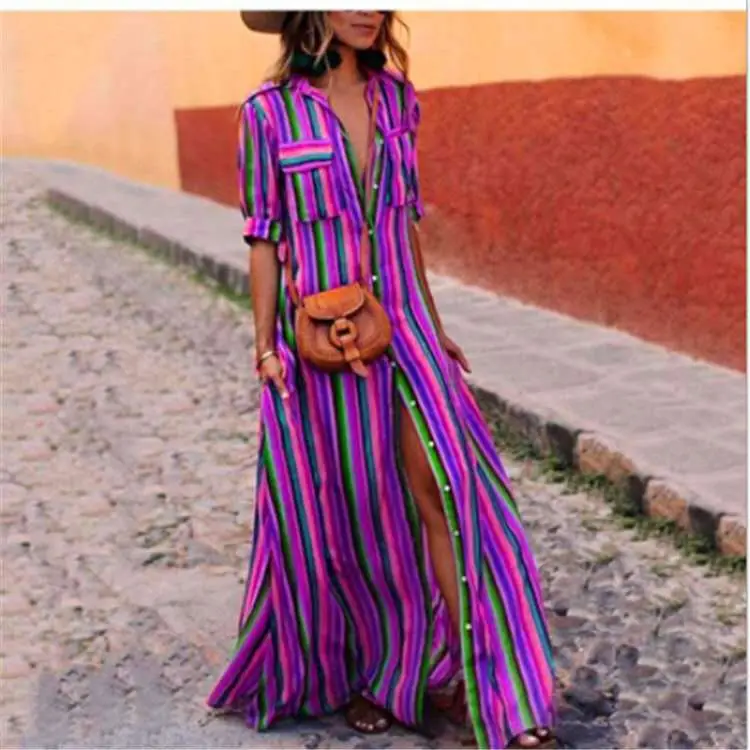 Vibrant Striped Flowing Dress for Women Summer Wear