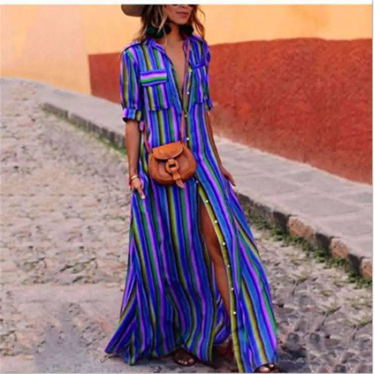 Vibrant Striped Flowing Dress for Women Summer Wear
