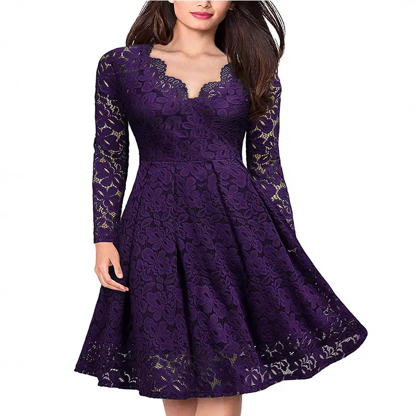 V-Neck Lace Dress Red for Women