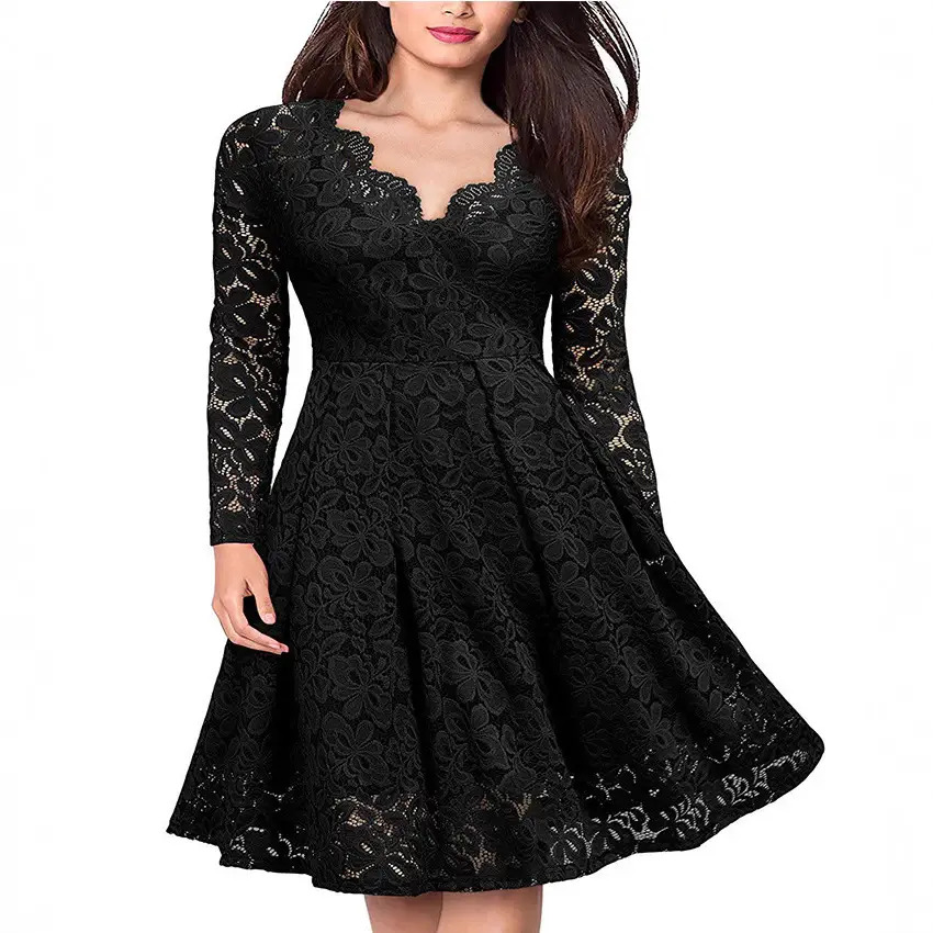 V-Neck Lace Dress Red for Women