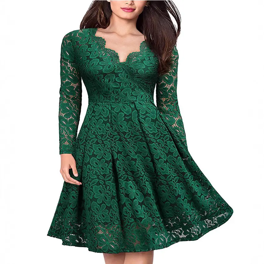 V-Neck Lace Dress Red for Women