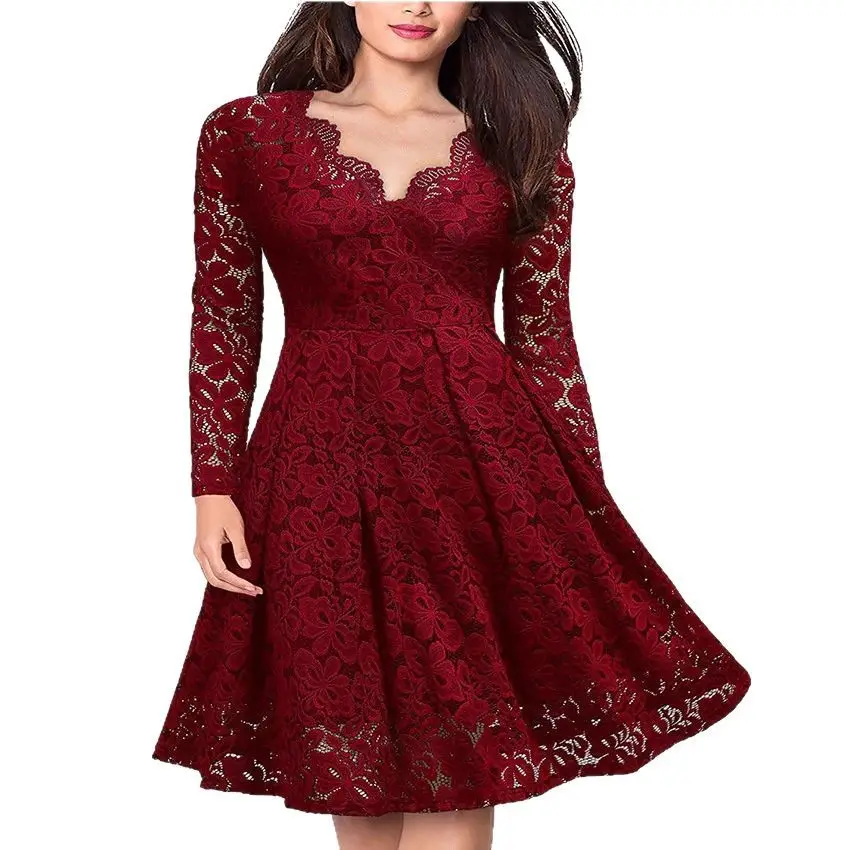 V-Neck Lace Dress Red for Women