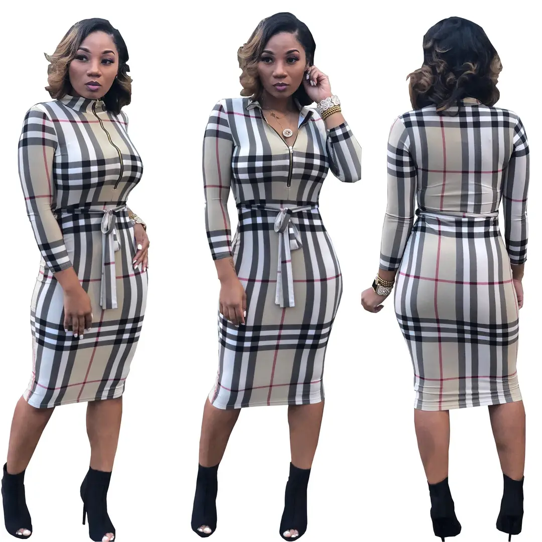 Plaid Slim Fit Dress for Women Beige Black White