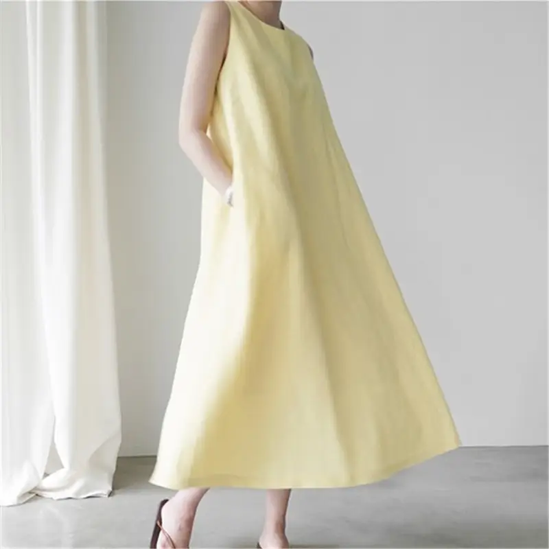Sleeveless Linen Dress Yellow Loose Summer Wear