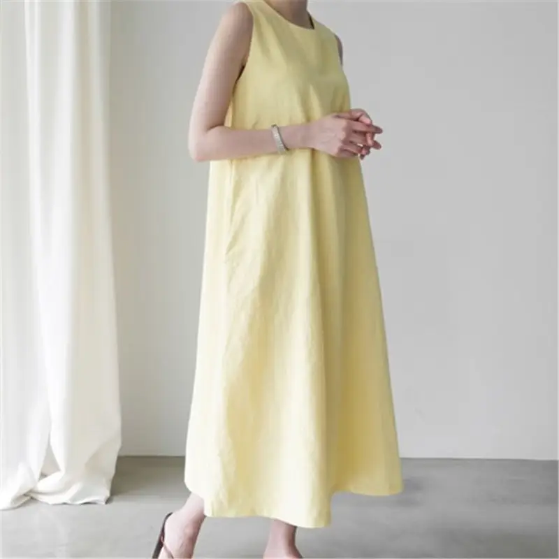 Sleeveless Linen Dress Yellow Loose Summer Wear