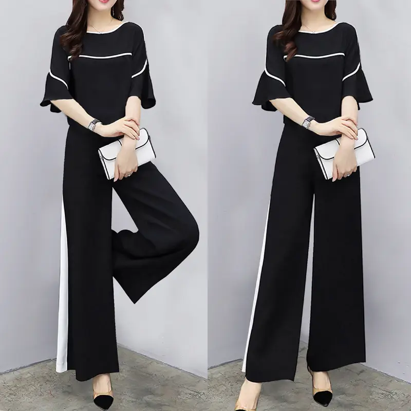 Black Wide Leg Pants Set for Women Summer Wear