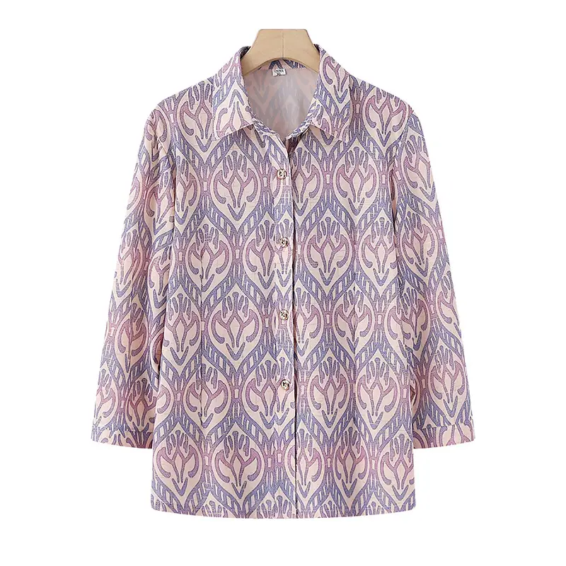 Premium Cotton Leaf Print 9-Sleeve Shirt for Grandmothers