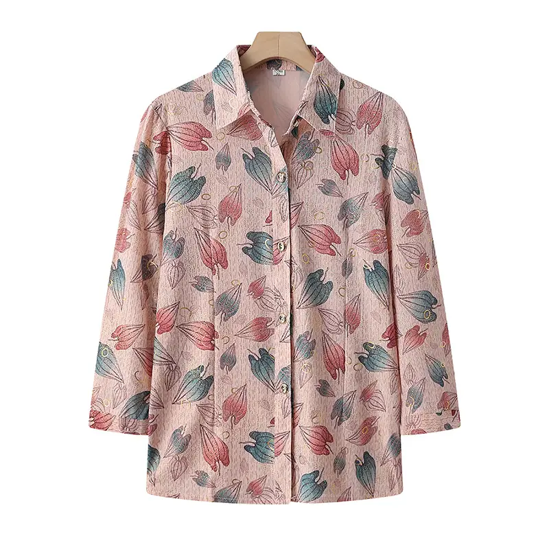 Premium Cotton Leaf Print 9-Sleeve Shirt for Grandmothers