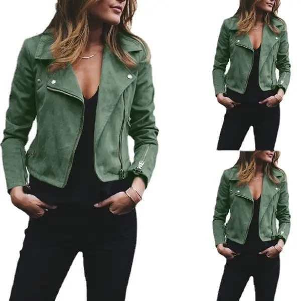 Women's Short Jacket Cotton Blend Diagonal Zipper Multi Color