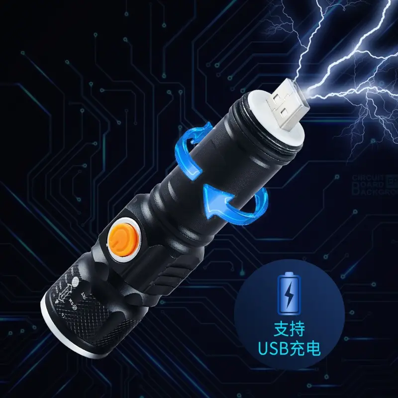 USB Rechargeable Flashlight T6 LED Black