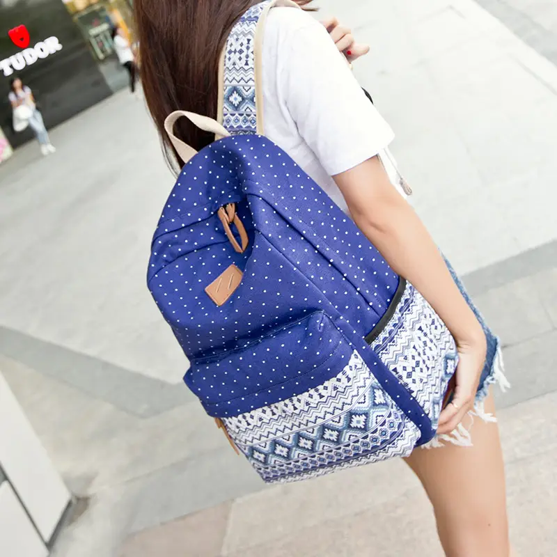 Women Ethnic Print Canvas Backpack Blue Dot Travel School Bag
